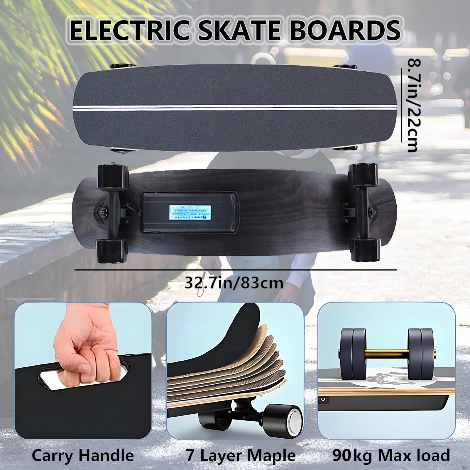 Longboard Électrique Tout-Terrain, Écran LCD a Distance, Batterie 4500 Mah, Autonomie de 15 Km, Freinage Progressif et 4 Vitesses, Capacité de Charge de 90 Kg, Plateau en Érable H