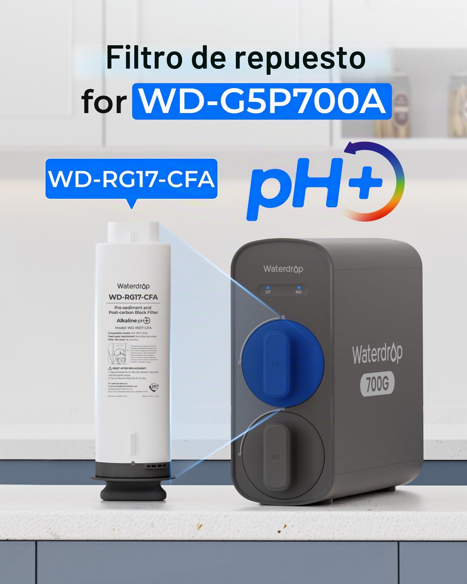 Waterdrop WD-G5P700A-CF Filtro, Repuesto para el Sistema de Ósmosis Inversa Bajo Fregadero WD-G5P700A, 6 Meses de Vida Útil