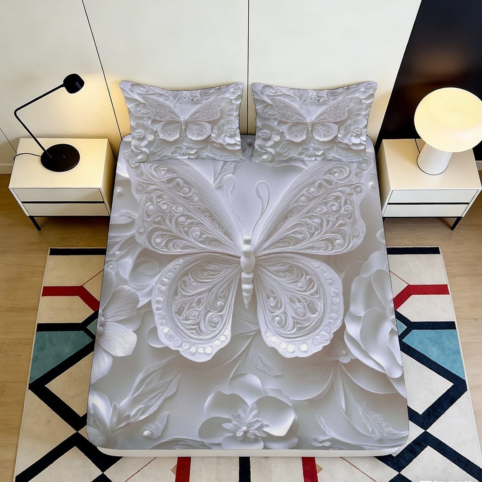 Pnayamiorkfel Style-6 3D Printed White Butterfly Fitted Sheet Microfiber Soft Floral Bed Cover Anti-Slip Machine Washable For Bedroom Guest Room Decor 90X200x25cm