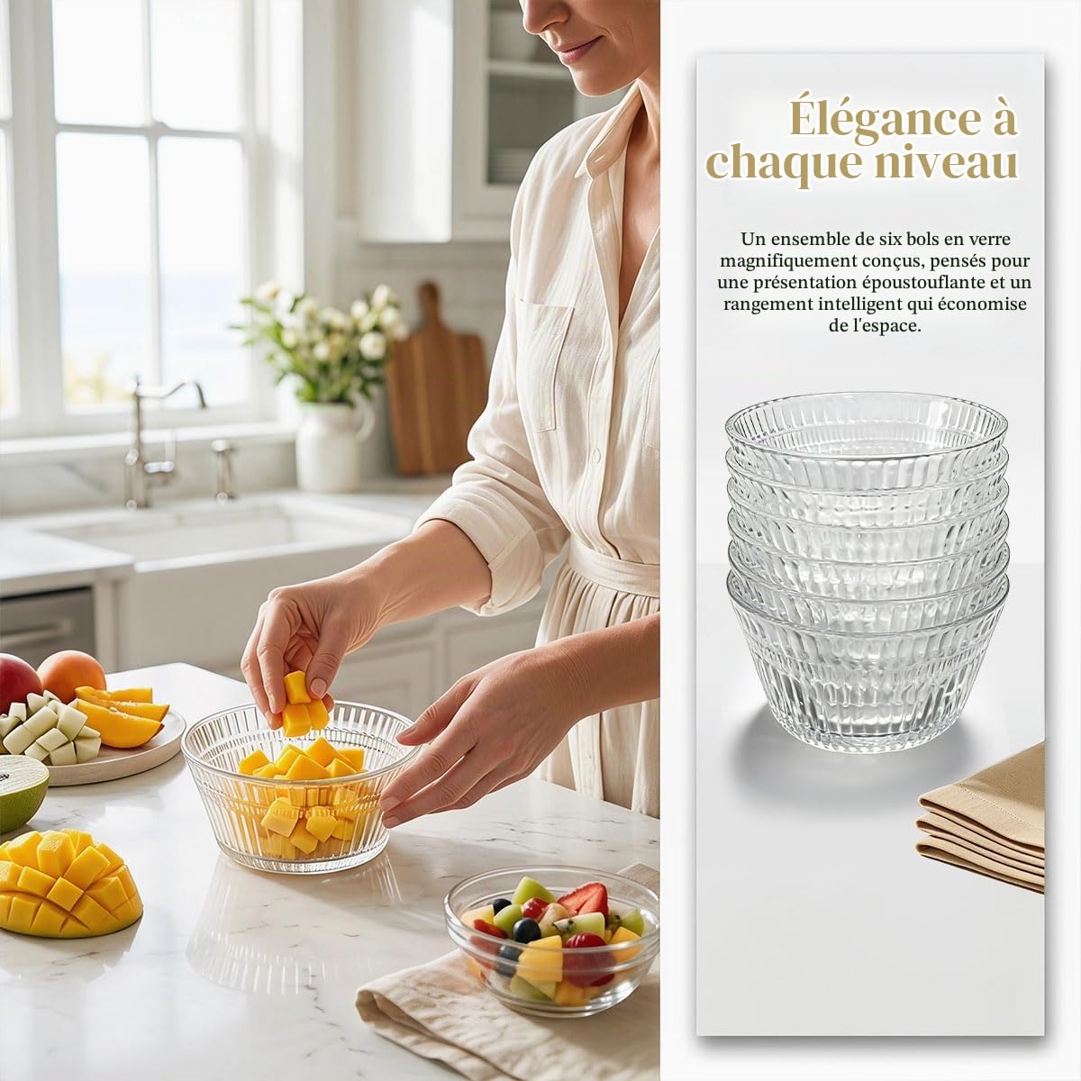Lot de 6 Bols à Dessert en Verre Cannelé – 320 ml – Empilables Gain de Place – Pour Salade de Fruits, Yaourt, Glace, Apéro – Va au Lave-Vaisselle pour Maison, Mariage, Mère
