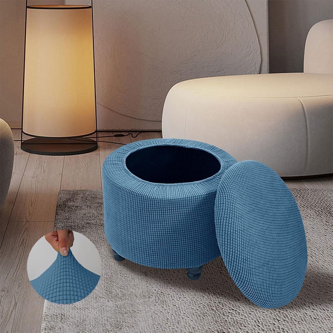 Copri Pouf Rotondo 2 Pezzi Elasticizzati con Coperchio Fodera per Poggiapiedi Morbida Lavabile in Macchina Copertura Ottomana con Fondo Antiscivolo(Cream Color)