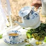 21-Piece Bone China Tea Sets for Adults, Blue and White Porcelain Tea Set for 6, Vintage Floral Tea Set with Teapot, Tea Party Sets for Women or Gift