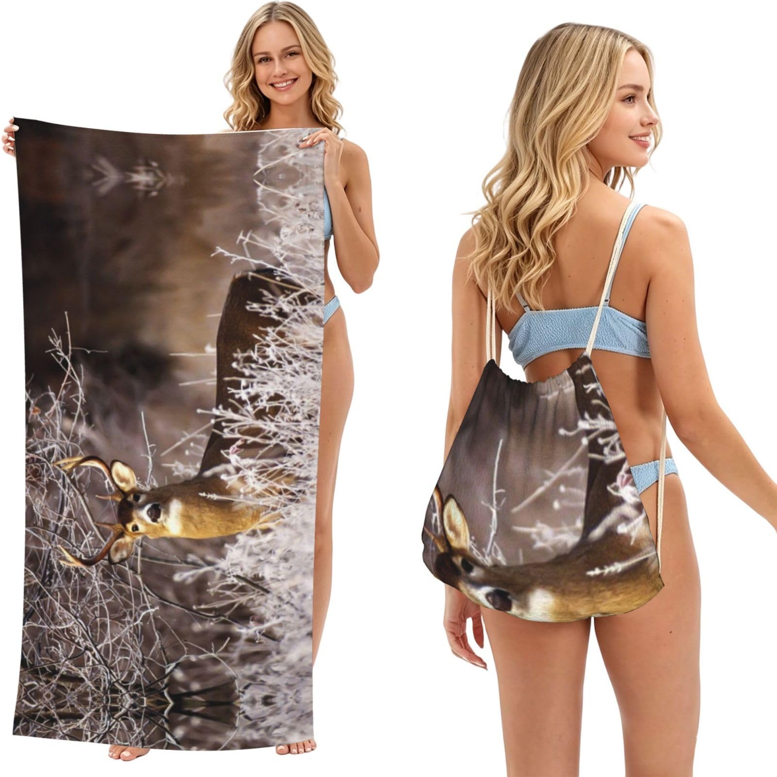 SATUSA Free Deer Print 2-In-1 Foldable Beach Towel Backpack â€“ Camping, Yoga And Travel,Bath Towel With Built-In Storage, Convertible Beach Mat & Carry Bag