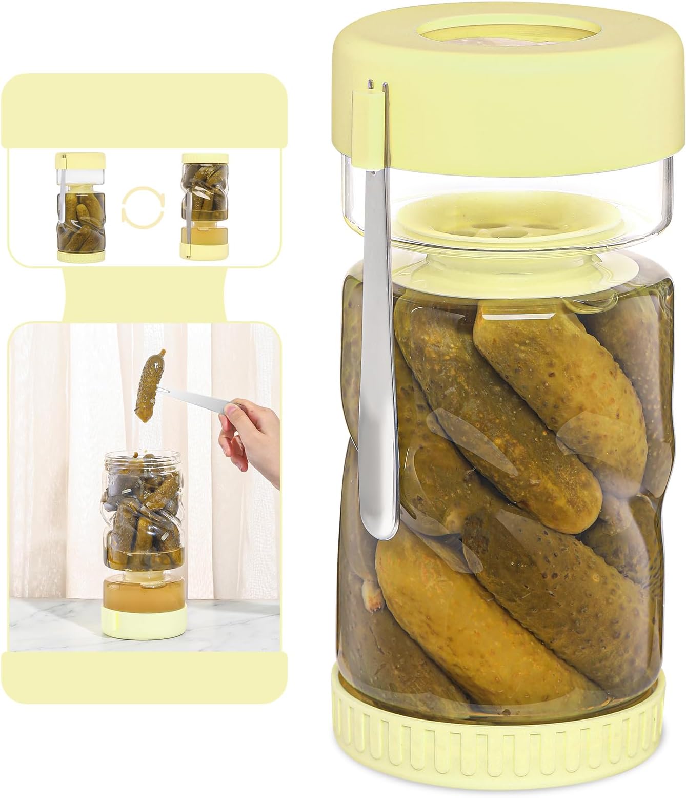 fruui Glass Pickle Jar with Strainer Flip and Stainless