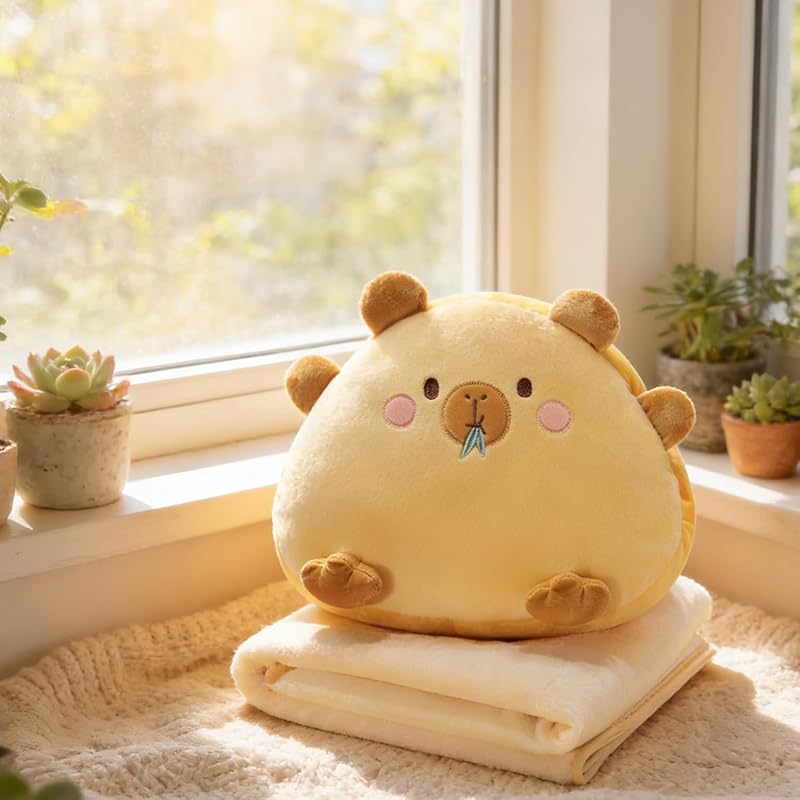 Linda almohada de felpa de animal con bolsillo para las manos, almohada para la siesta y cojín de asiento de peluche suave 3 en 1, con una manta, para amigos