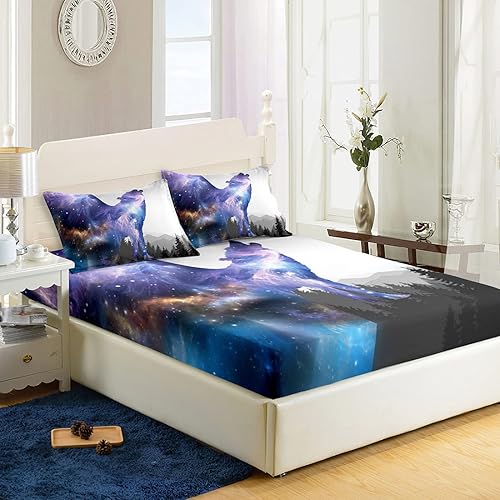 Miniatura 8 de XYNHML Juego de ropa de cama con diseño de lobo y atrapasueños, sábana bajera ajustable con luna nocturna para niños, adolescentes, decoración de