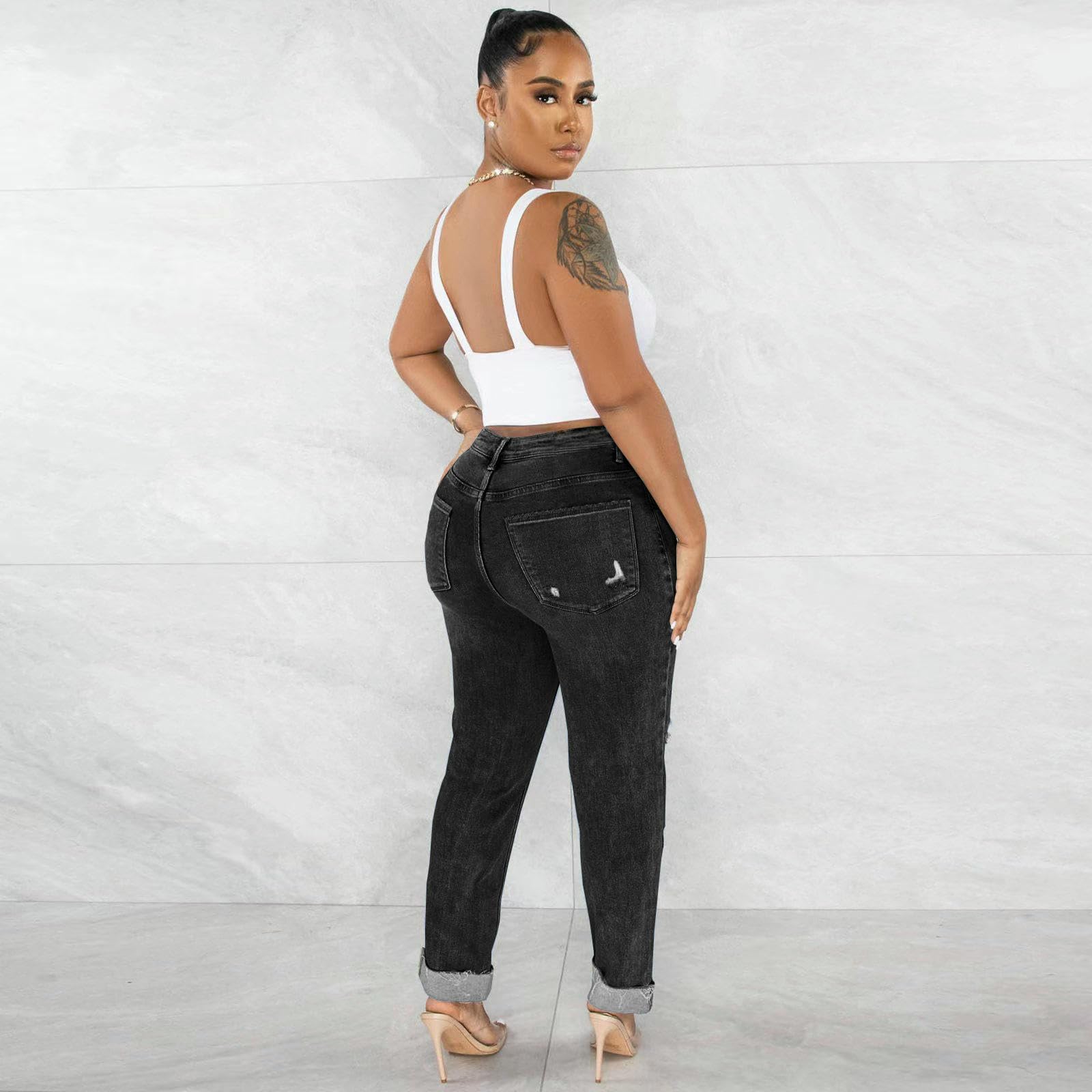 Jeans da Donna Strappati A Vita Alta Donna, Attillati, Design alla Moda-Azzurro-l