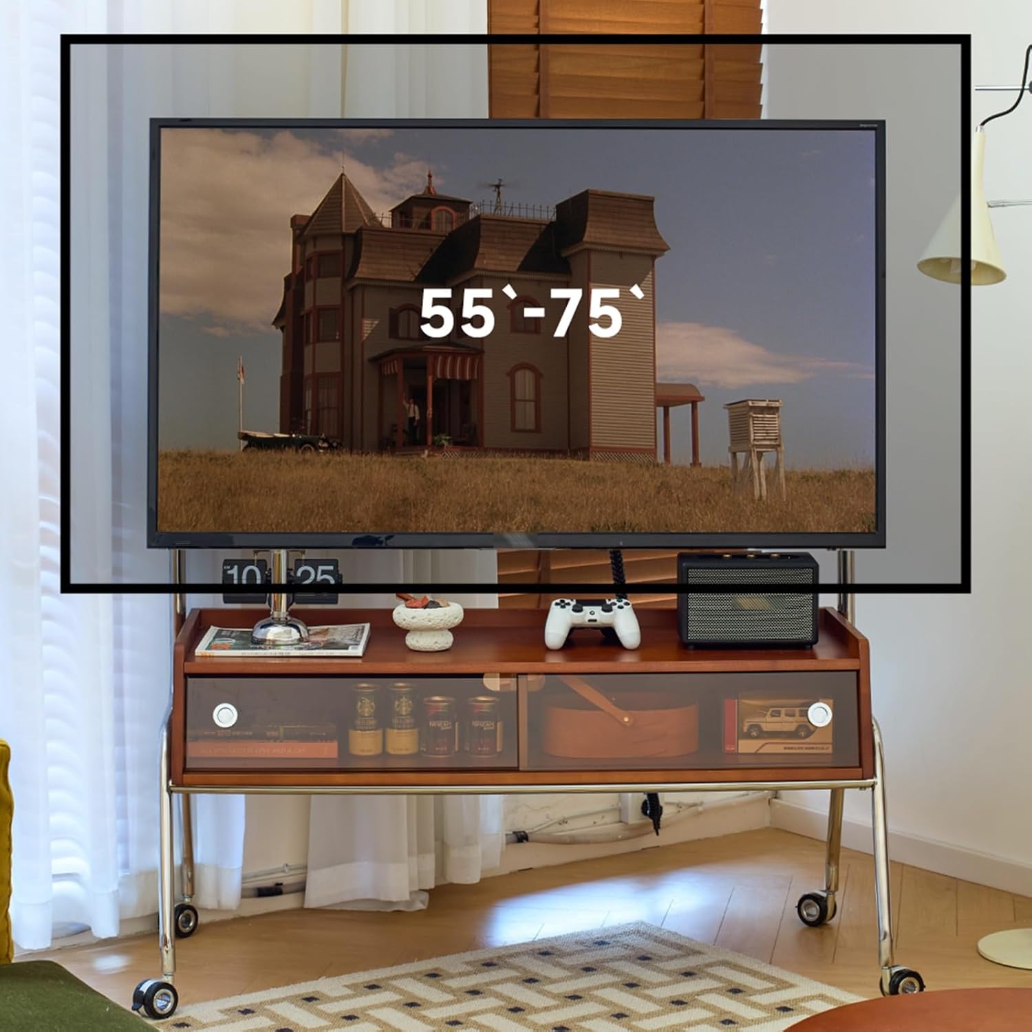 Mobile TV Stand, Mobile TV Cart for 55-75 Inch, Rolling TV Stand Storage with Sliding Doors, Height Adjustable Rolling TV Cart, Floor TV Stand for Living Room,Bedroom