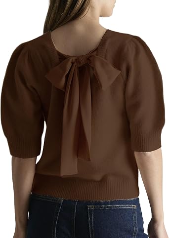 Seyumixi المرأة لطيف القوس سترة نفخة قصيرة الأكمام Crewneck محبوك قميص Bowknot التعادل مرة أخرى متماسكة بلوفر قمم
