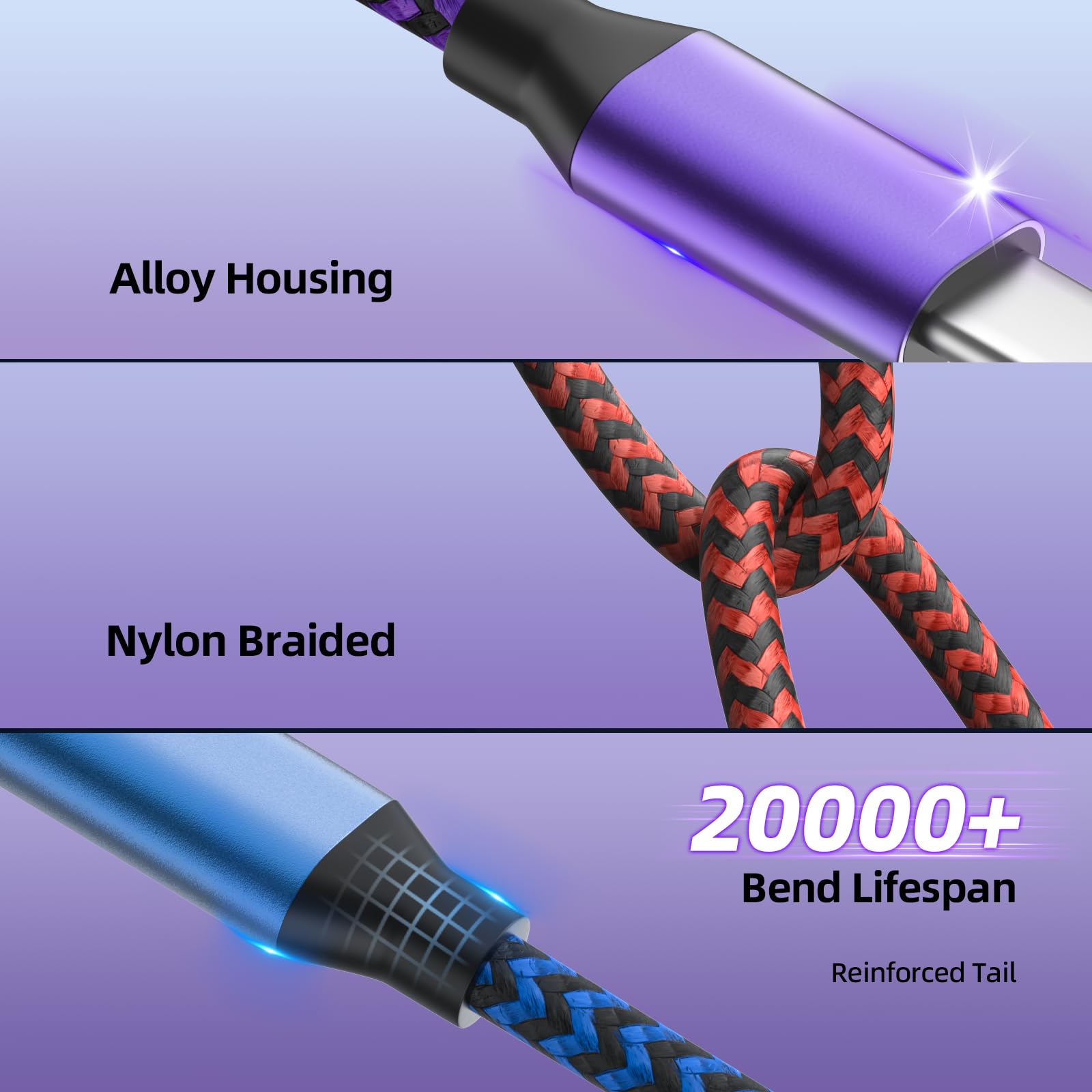 Cavo di ricarica USB multiporta, viola, confezione da 2, 1,5 m, 4 in 2, cavo in nylon intrecciato con Lightning, Tipo-C, connettori micro USB,