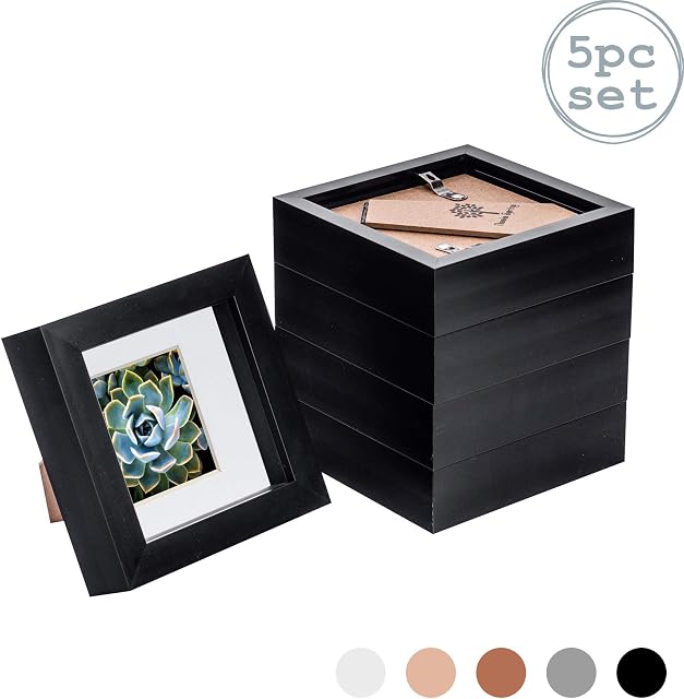 Nicola Spring 5 Piece 4 x 4 3D Shadow Box Photo Frame Set - Craft Display Picture Frame with 2 x 2 Mount - Glass Aperture - Black