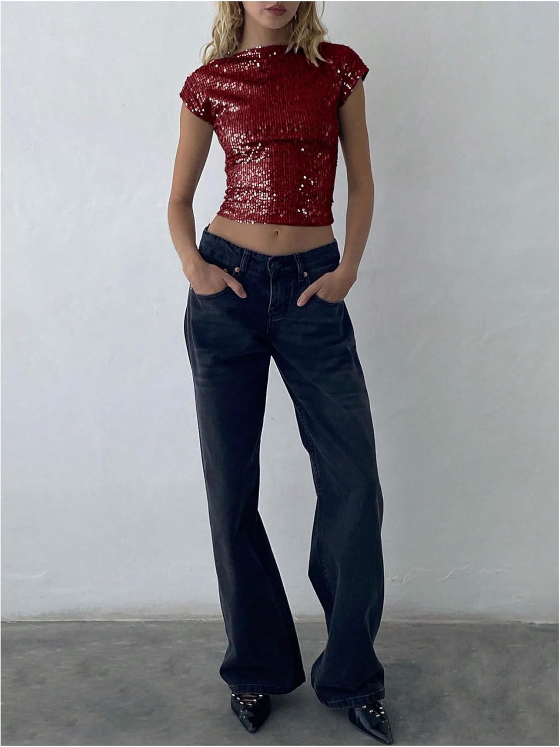 WDIRARA Women's Sequin Boat Neck Shirts Sparkle Glitter Backless Tee Cap Sleeve Crop Tops - Image 5