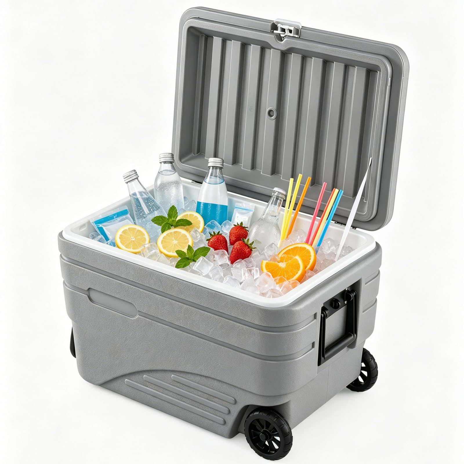 LIFEZEAL Nevera Portátil 80L/98L con Ruedas y Mango Telescópico | Hielera Rígida con Asas Laterales, 48h de Retención de Frío, para Playa Camping Pesca Picnic Barbacoa, Gris