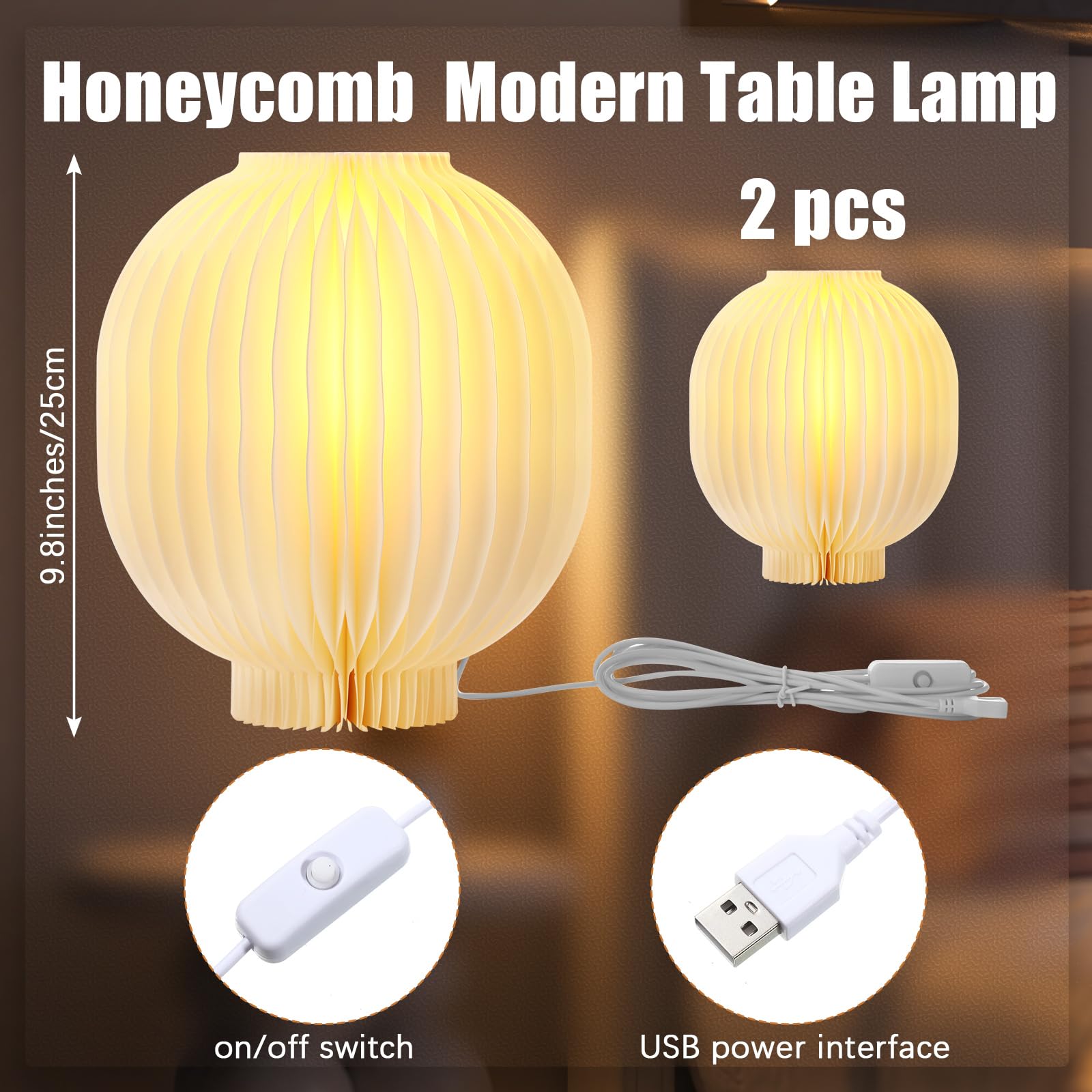 Gulfmew 2 Sets Paper Table Lamps Honeycomb 3D Warm Light Lamps with Wire Length 30m Magnetic Closure Honeycomb for Bedroom Nightstand Living Room Office