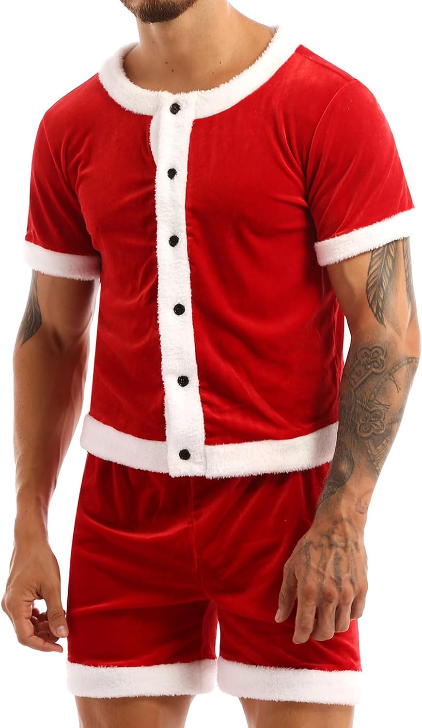 Oyolan Mens Soft Velvet Christmas Lingerie Wrestling Singlet Bodysuit with Hat for Cosplay Theme Party