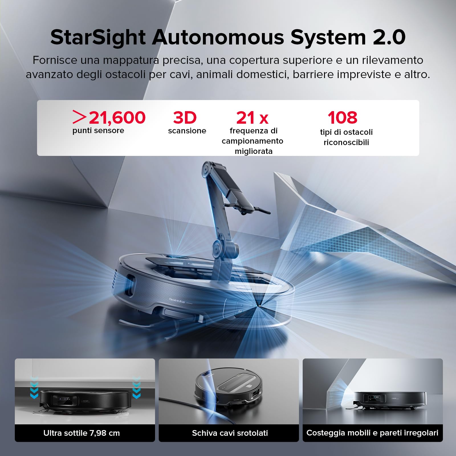 roborock Saros Z70 Robot Aspirapolvere con Braccio Meccanico OmniGrip, 7,98 cm Ultrasottile, 22.000 Pa, Tecnologia FlexiArm Riser, Telaio AdaptiLift, Stazione Multifunzionale 4.0, Hello Rocky, Nero