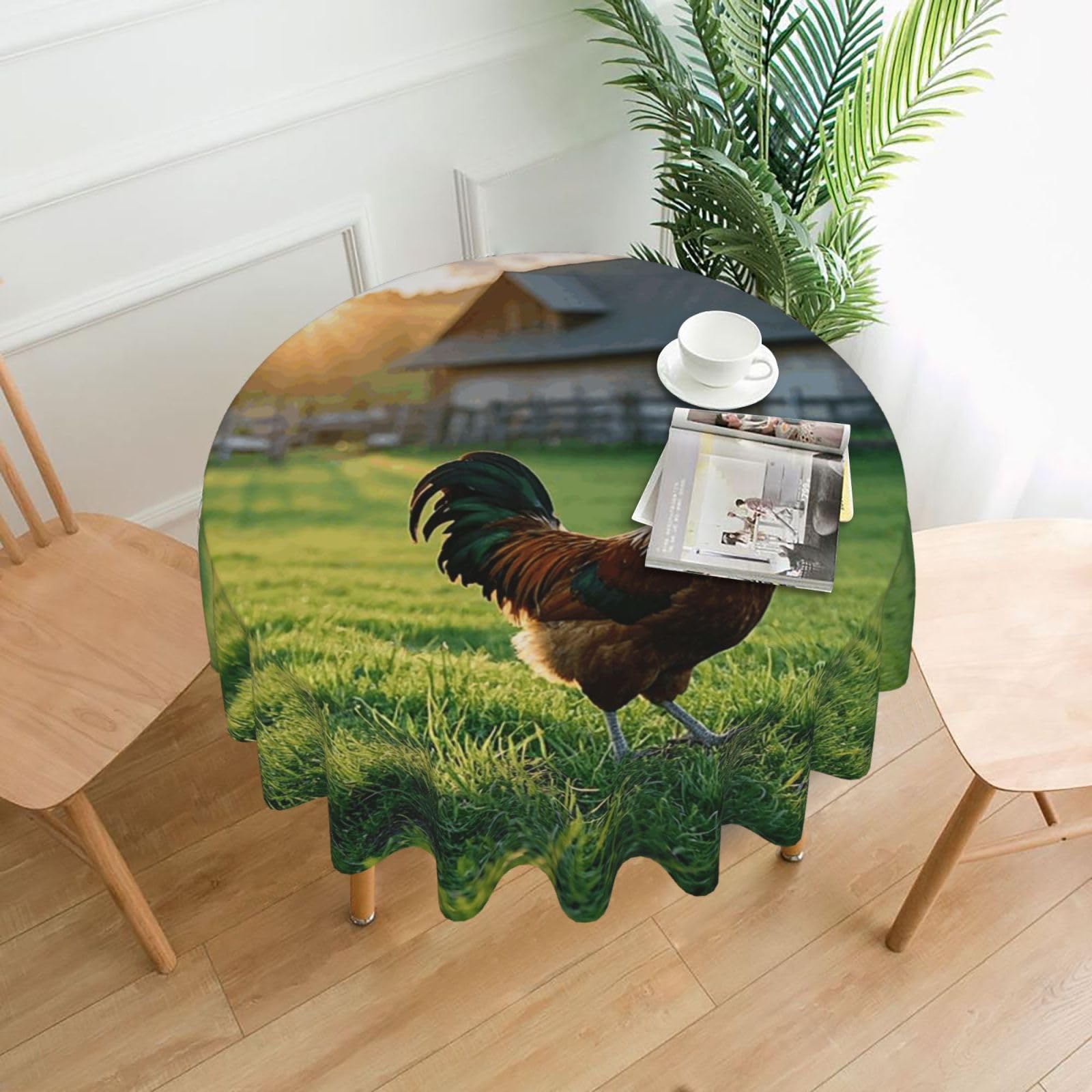 FodPand Old Fashioned Rooster Country Farm Tablecloths for Round Tables 60 Inch - Reusable Washable Dining Table Clothes - Stain and Wrinkle Resistant Decorative Fabric Table Cover for Wedding Party