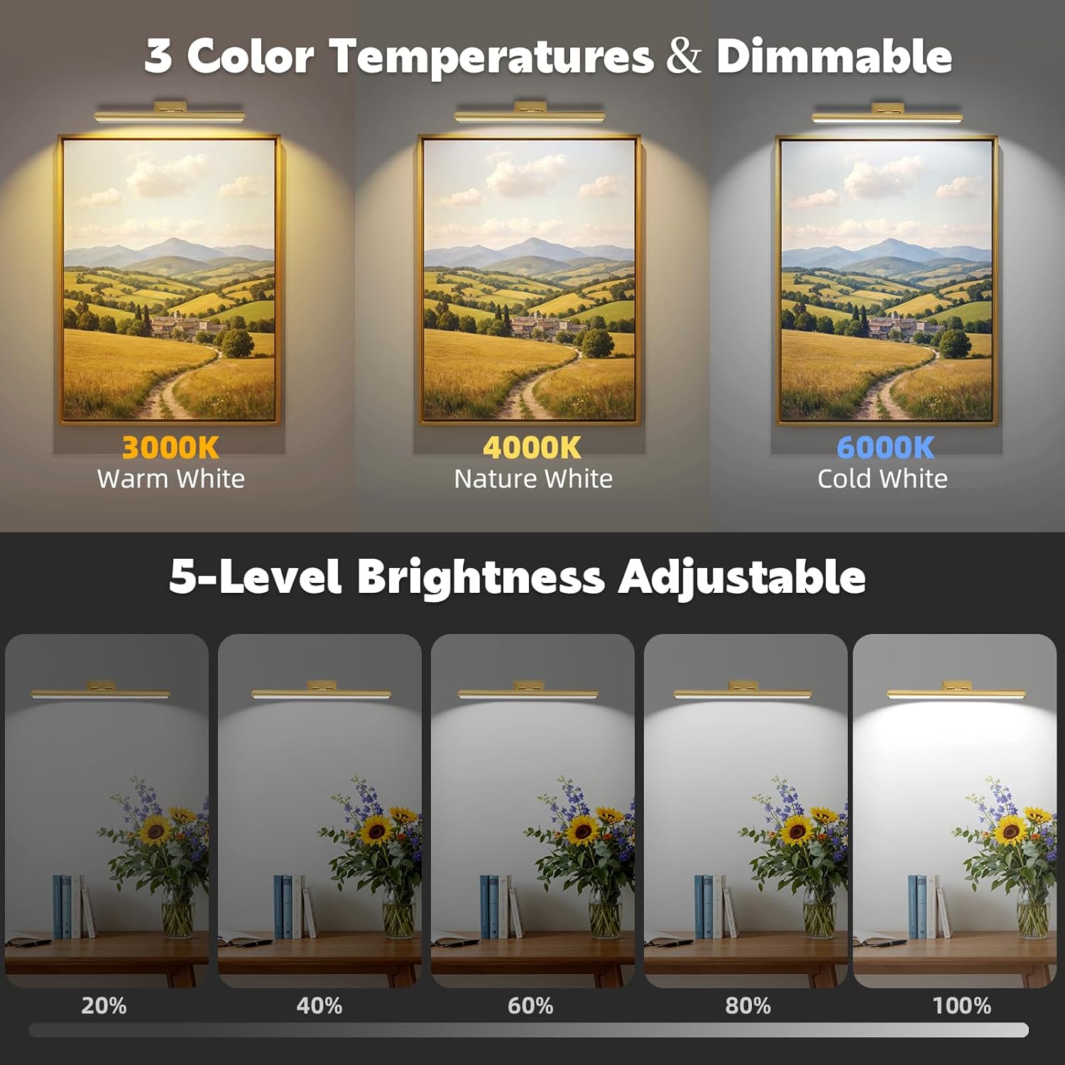 16" Picture Lights for Wall, 10000mAh Rechargeable Wireless Art Light with Remote, 300lm Bright Dimmable 3 Color Temps Art Lighting for Paintings Frame Gallery Dartboard, Gold