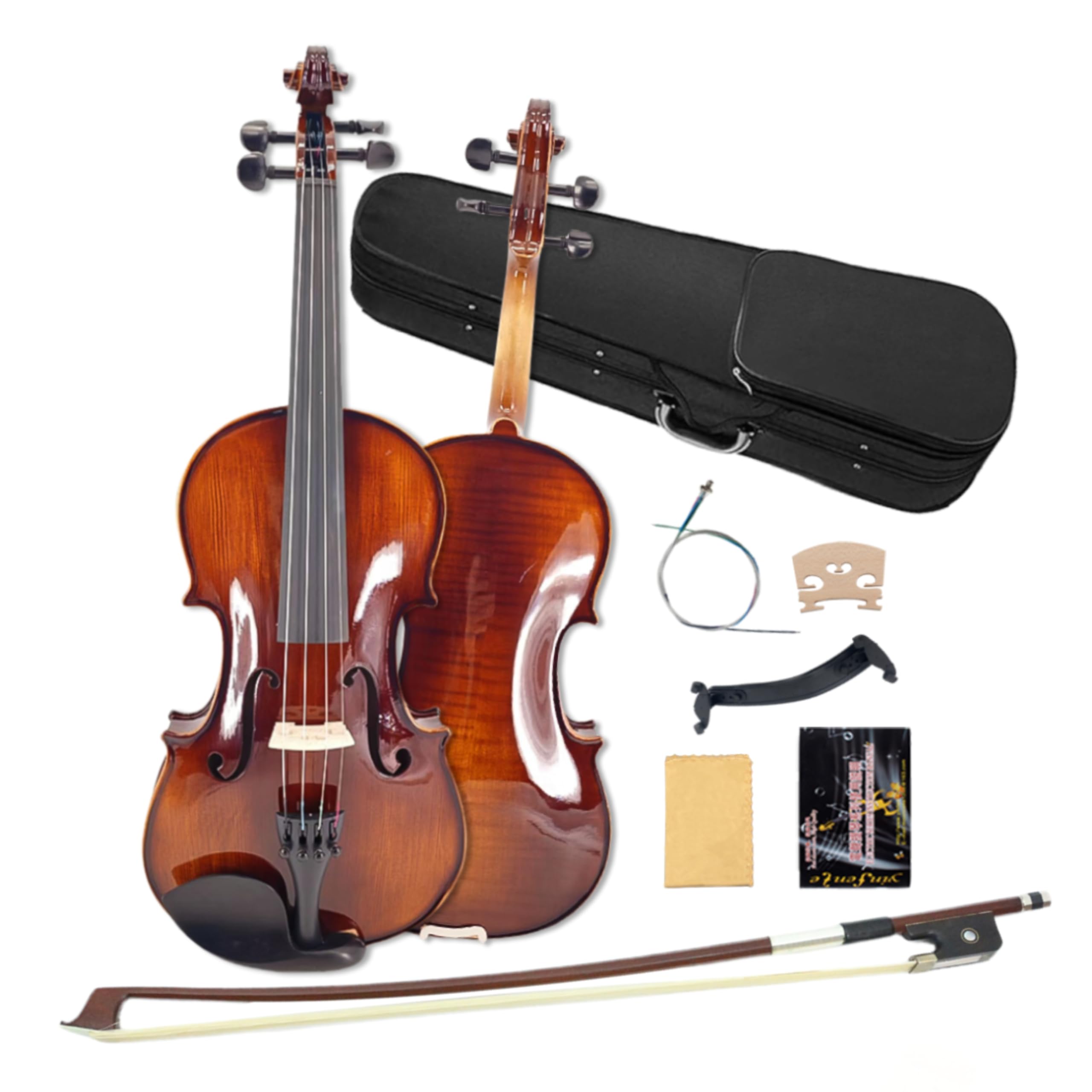 Violino 4/4 Set Completo per Principianti, Adulti, Studenti, Violino in Legno massello di Acero e Abete Invecchiato, Finiture in Ebano con Custodia Rigida, spalliera, Archetto, accordatore,