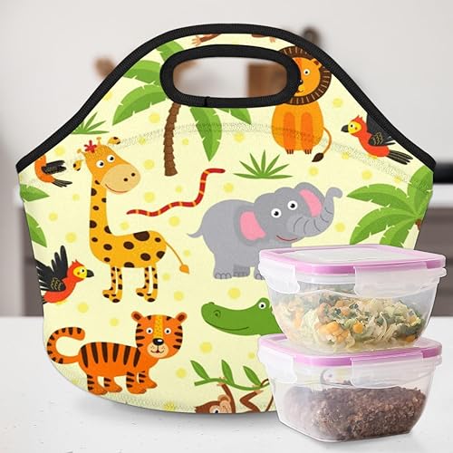 Miniatura 6 de Lonchera de neopreno con diseño de animales de la selva, suave, lavable, reutilizable, aislada, ligera, para preparación de comidas, para oficina,