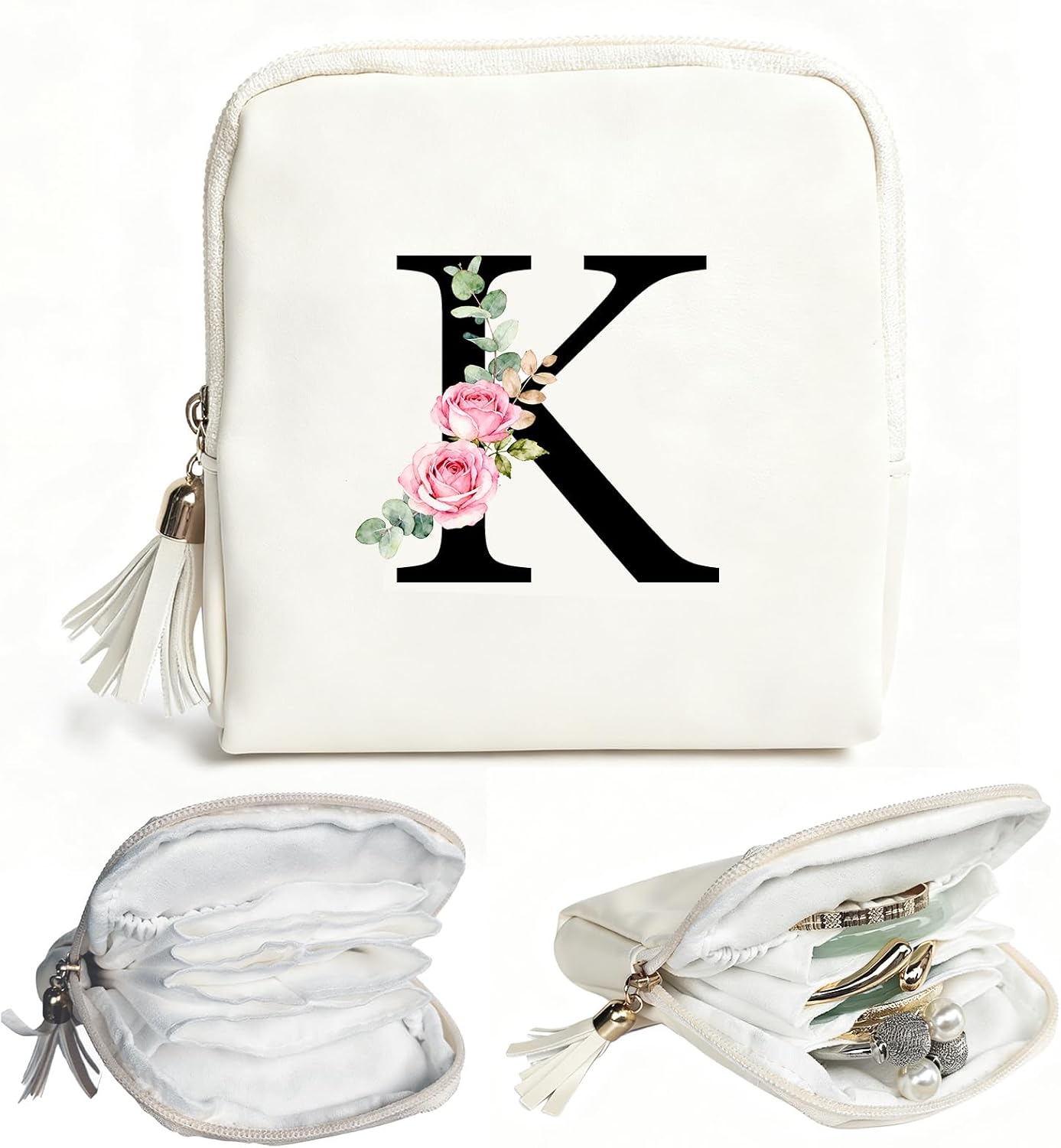 Personalized Initial Travel Jewelry Case, PU Leather Jewelry Organizer Pouch Waterproof Portable Storage for Rings Earrings Necklaces Bracelets, Birthday Bridesmaid Gifts for Women (Cream K)