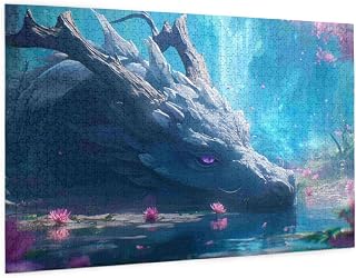 1000 Piece Dragon Puzzle for Adults – Sleeping Dragon by Forest Pond with Lotus Flowers – Fantasy Creature Jigsaw with Magical Detail