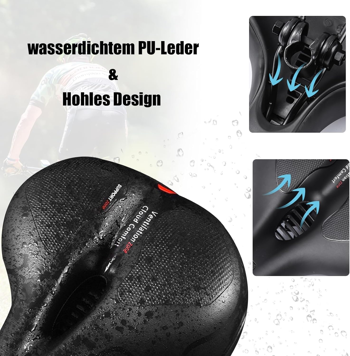 Siodełko rowerowe Cloud Comfort Pro Max – wreszcie bezbolesne siodełko rowerowe do jazdy na rowerze, wygodne, miękkie siodełko z pianką z pamięcią kształtu, z czerwonym paskiem ostrzegawczym, siodełko