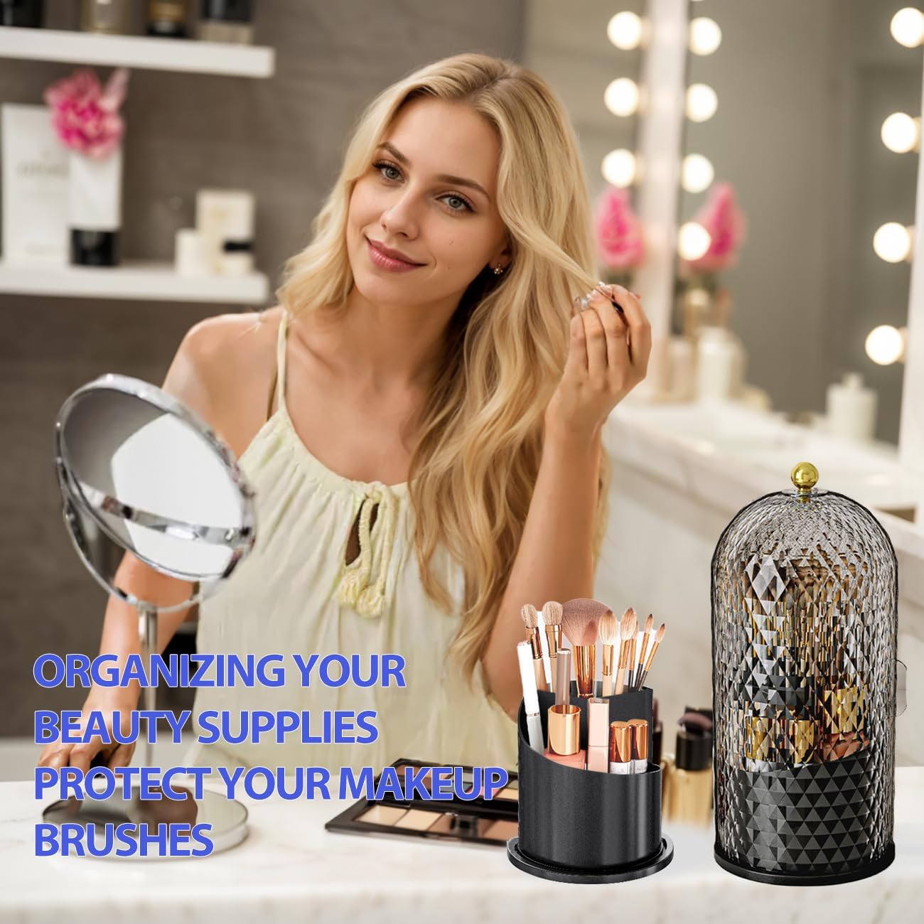 Makeup Brush Holder with Lid, 360 Rotating Multifunction Clear Dustproof Skincare Cosmetic Tools Storage Organizer for Vanity Desktop Bathroom Countertop (Black) - Image 6