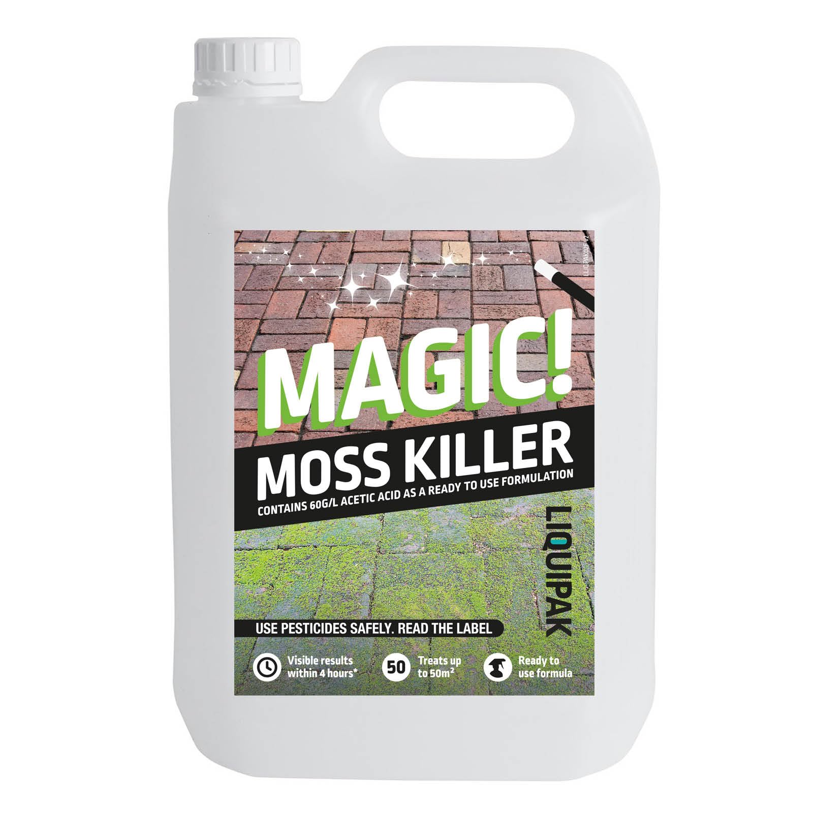Liquipak Magic Moss Killer 5 Litres - Glyphosate-Free, Fast-Acting Formula, Safe for Pets & Children Once Dry, Ready-to-Use Moss Control for Patios, Paths, Driveways & More - Includes Hose Trigger