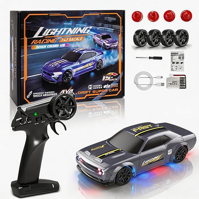 1h43 Mini RC Voiture dérivante, 4WD15KM/h Portable RC Voiture de drift (Gray) LED lumières & Commutateur de vitesse. Drift sur les ordinateurs de bureau, bureaux & Planchers. Construit Tough, prêt à courir!
