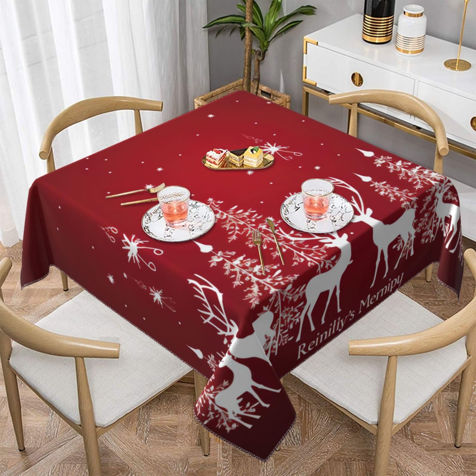 Nappe de Noël carrée cerf douce et sans plis pour table de fête