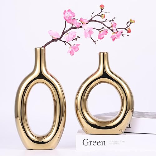 Miniatura 7 de Juego de 2 jarrones de cerámica dorados para decoración del hogar, jarrones dorados brillantes para centros de mesa dorados para mesa de boda, mesa