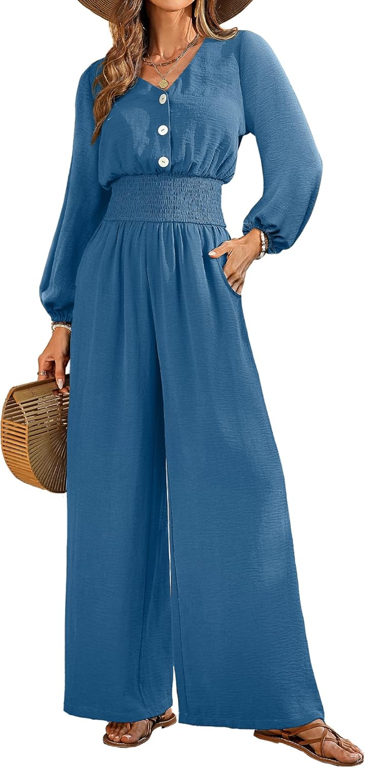 LOOKBOHO Womens Jumpsuits Long Sleeve V Neck Dressy Casual 2026 High Waist Romper Wide Leg Pants One Piece Outfits