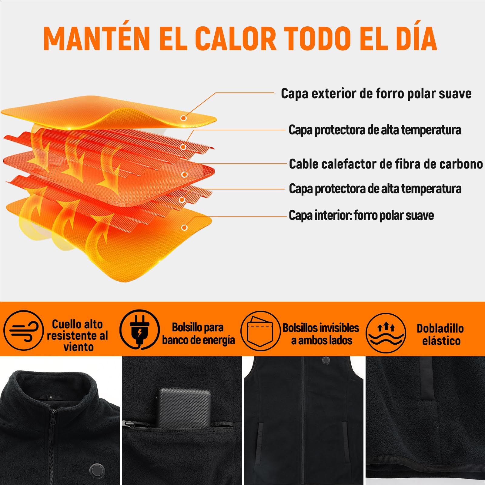 Chaleco Calefactable Mujer: 3 Temperatura Ajustable con 5 Zonas Calefactables, Chaleco Térmico Mujer Equipado con Batería USB de 10000 mAh, Ideal para Acampar Actividades al Aire Libre