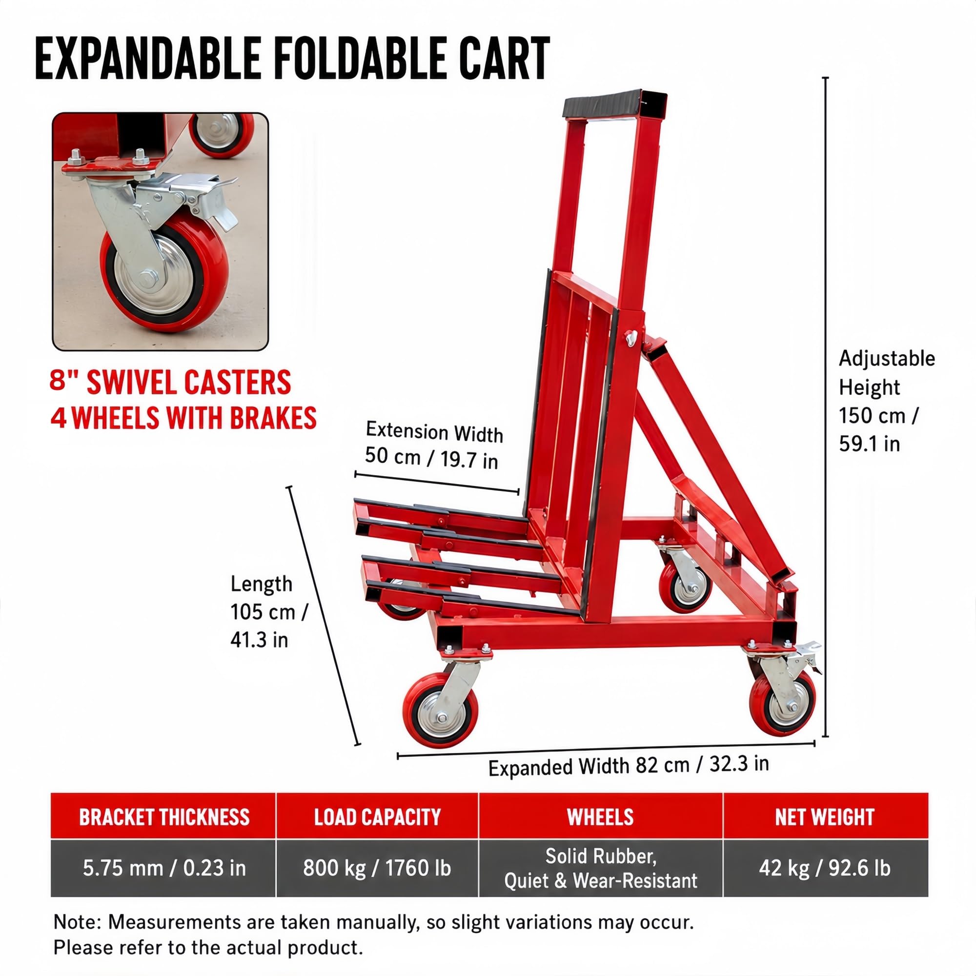 Klappbarer Plattenwagen for Platten, Glas, Stein und Türen | Verstellbare Rückenlehne und erweiterbare Plattform for breite Formate(8IN 4BRAKE)