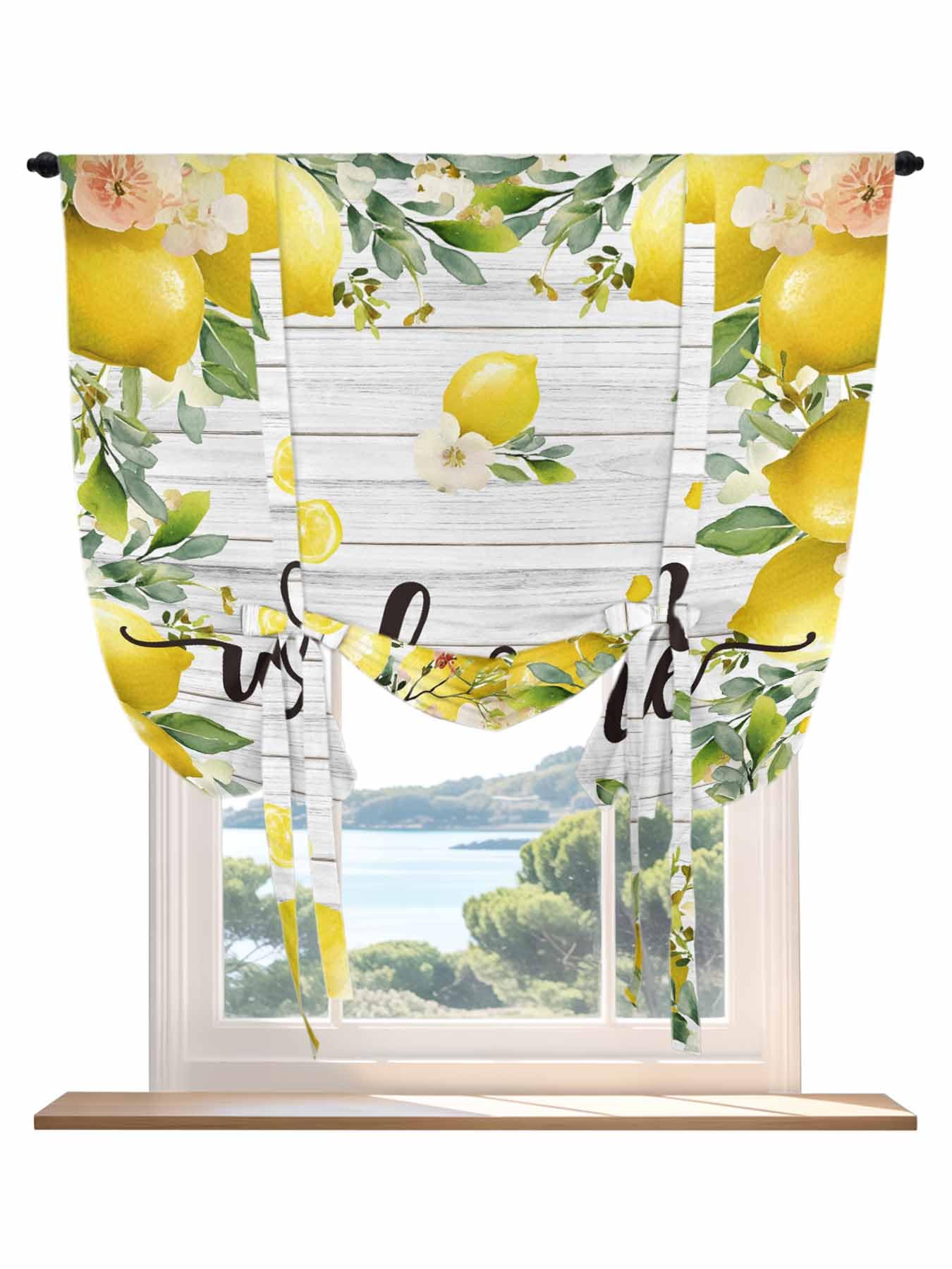 Tie Up Curtains for Windows Lemon Farmhouse Roman Shade 46 x 63 Inch Bathroom Curtains Window Summer Fruit Botanical Grey Wooden Rod Pocket Short Balloon Curtains for Living Room Kitchen Small Blinds
