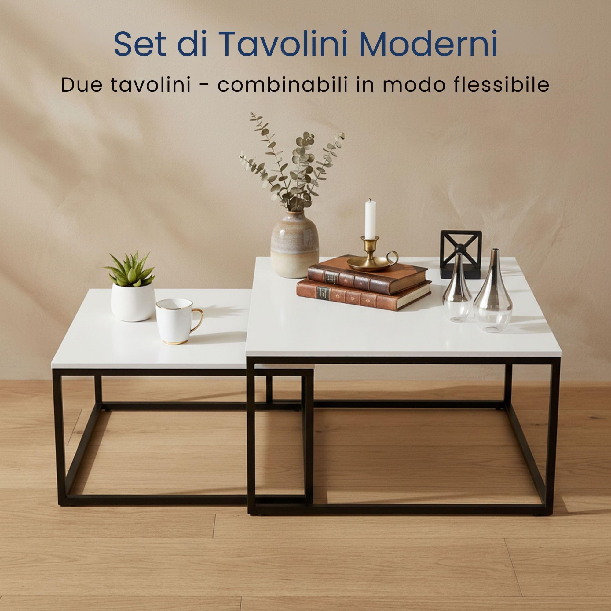 Home Collective Set di 2 tavolini quadrati in legno, tavolino da salotto moderno, set di tavolini 2 in 1 con struttura in metallo per soggiorno ufficio tavolino loft design TWIN | bianco