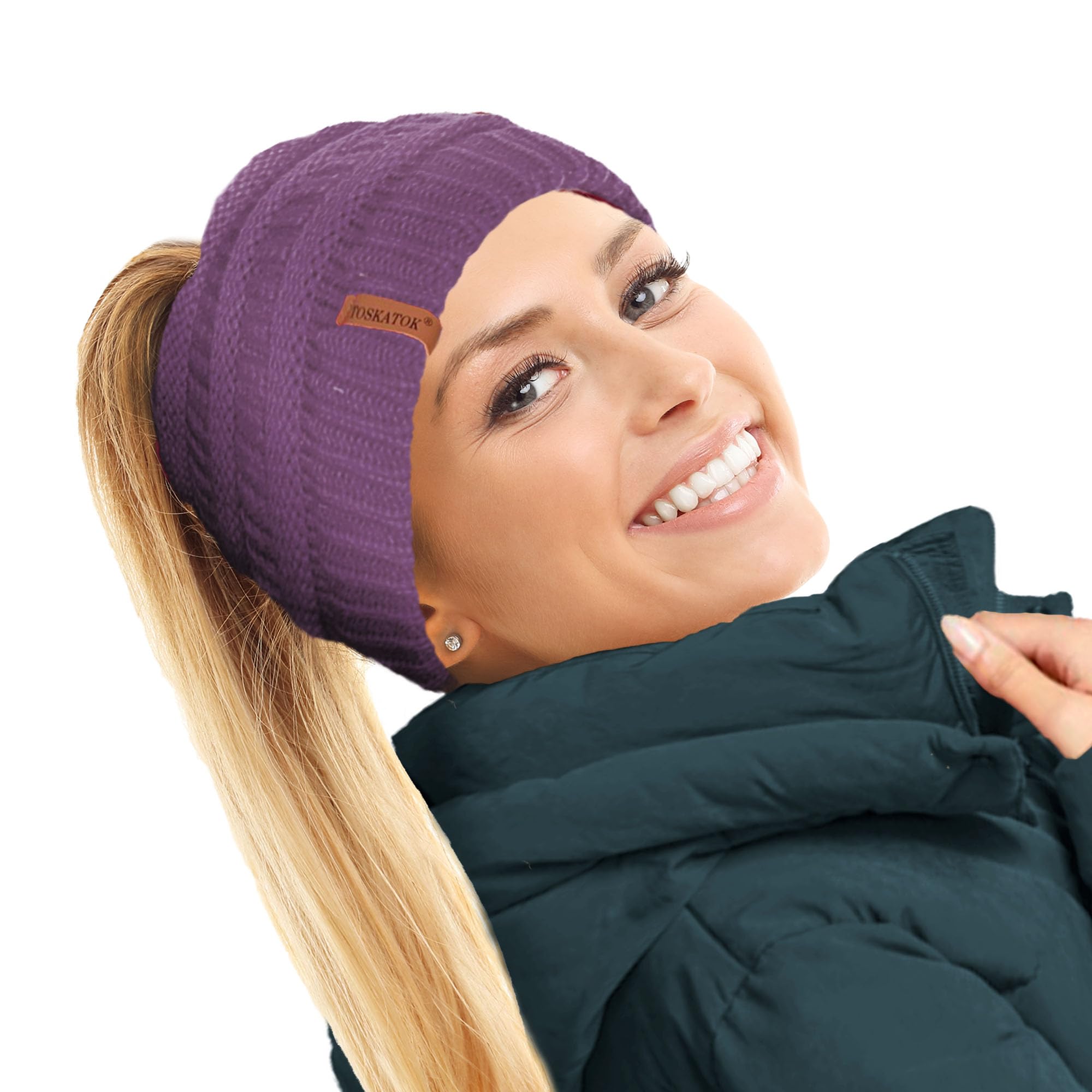 TOSKATOK Ladies Thermal Teddy Fleece Lined Ponytail Beanie Hat-Purple