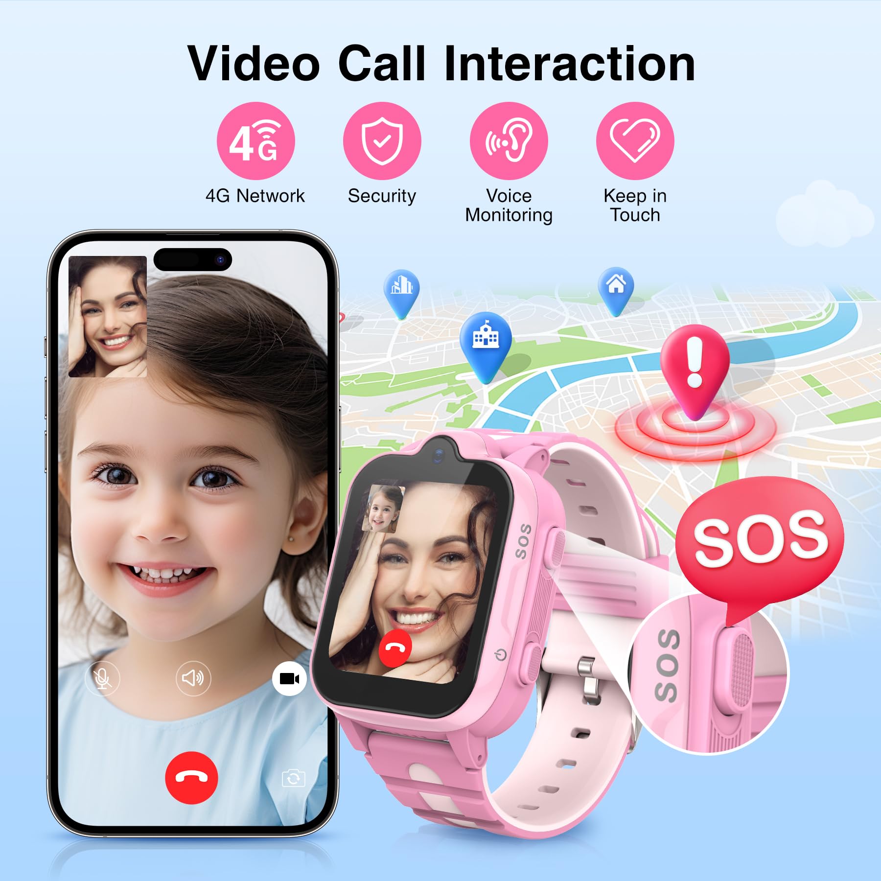 AstraMinds GPS Smartwatch Bambini 4G Telefono, IP67 Impermeabile, Orologio Smart Watch Chiamata con WiFi, Videochiamate, SOS, Sveglia, Kids Orologio per Ragazzi 4 a 12 Anni, Rosa