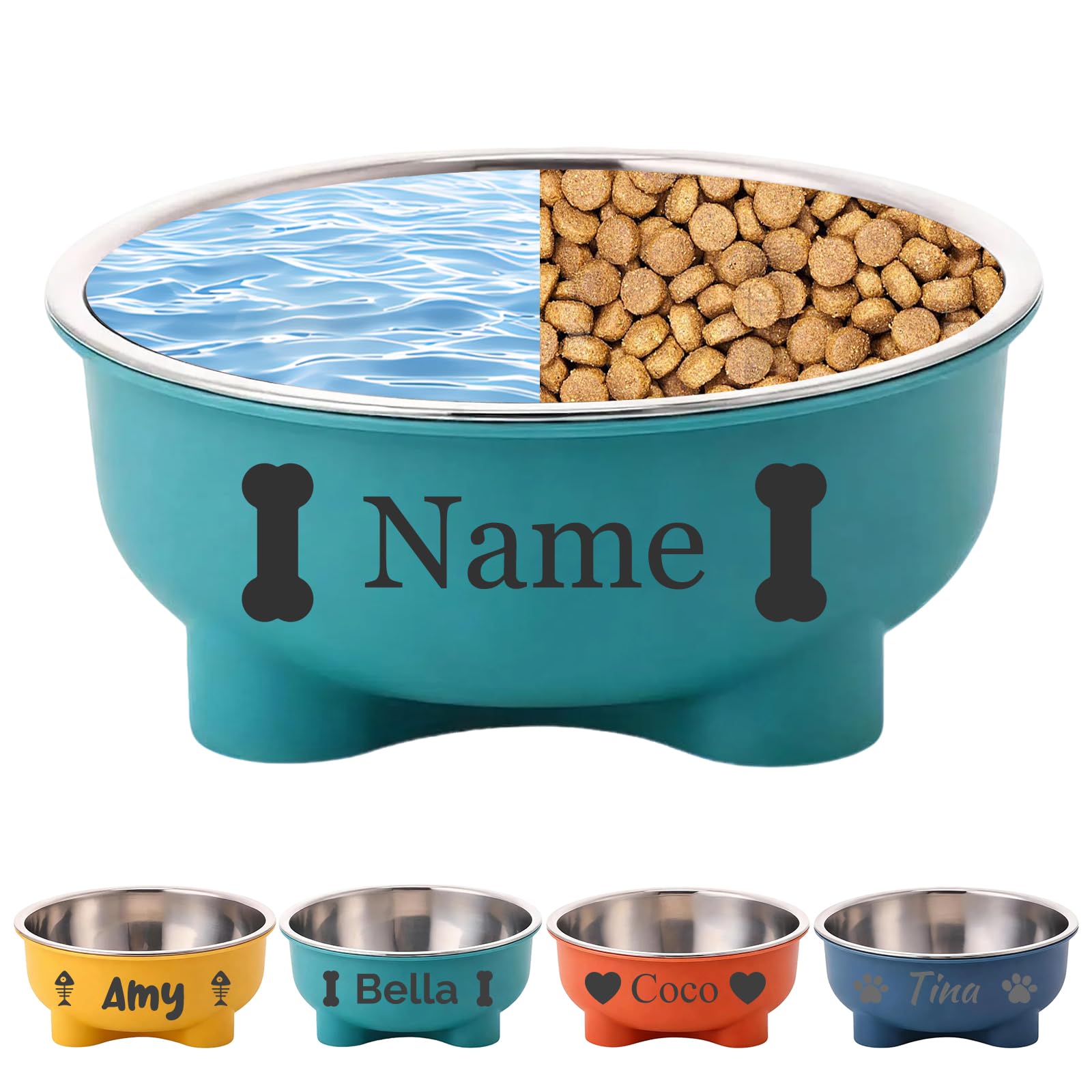 Personalised Pet Bowl with Name Engraving, Custom Stainless Steel Dog or Cat Food & Water Dish, 500ml Neck Relief Feeder Bowl (Green)