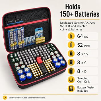 Battery Organizer Case, Batteries Storage Holder Container with Tester Checker. Garage Organization Box for AA AAA 9V C D Lithium 3V LR44 CR2016 CR1632 CR2032 CR2025 (Not Includes Battery Pack) -