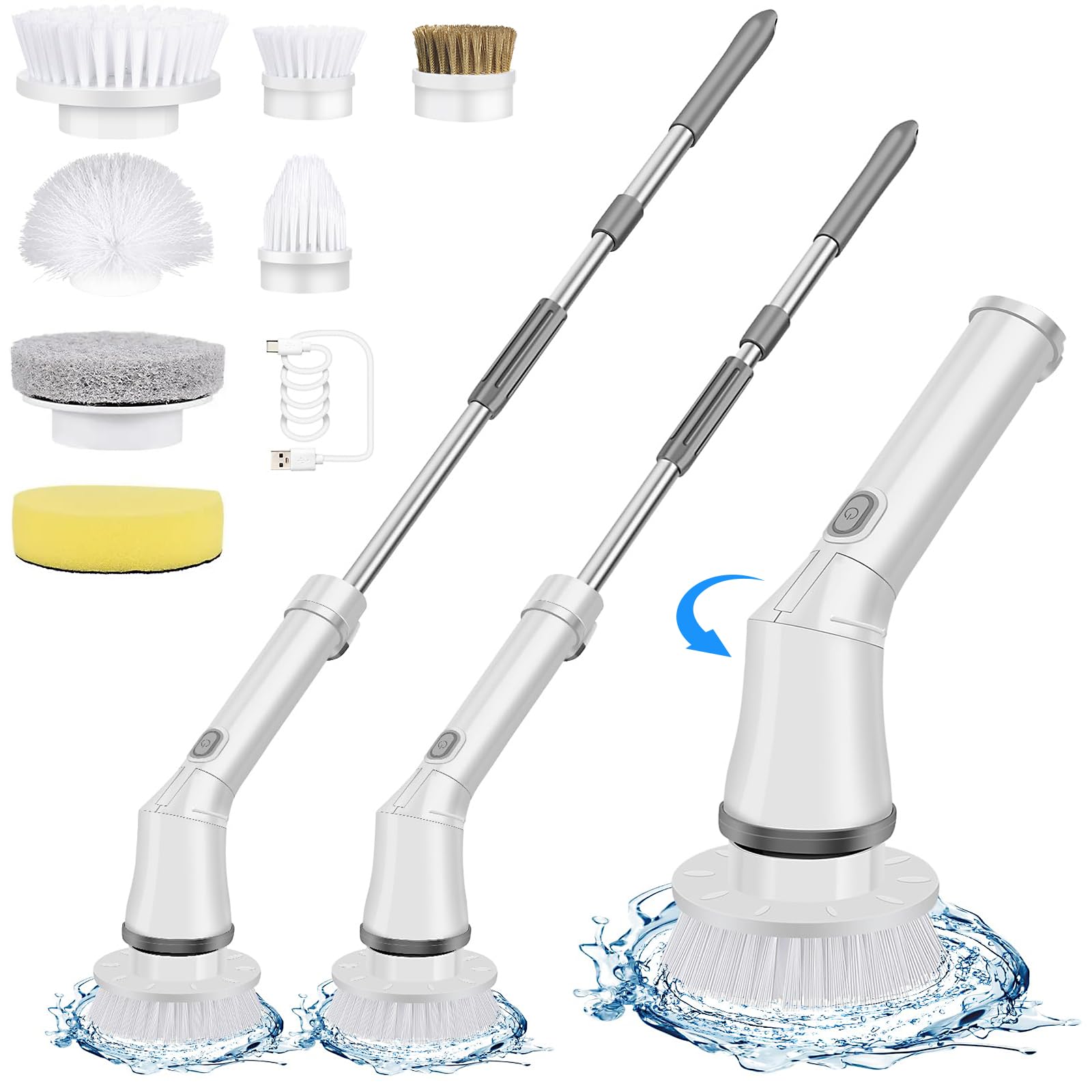 Ponicozy Electric Spin Scrubber - Cordless Cleaning Brush with 7 Replaceable Brush Heads, 2 Adjustable Speeds, and Detachable Long Handle