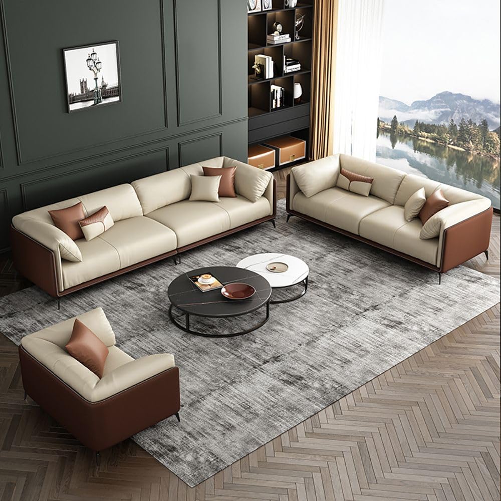Modern Living Room Sofa Set, Cream and Brown Two-Tone Upholstery, Contemporary Style Couch with Accent Cushions (2+3+1 Seater)-image-41