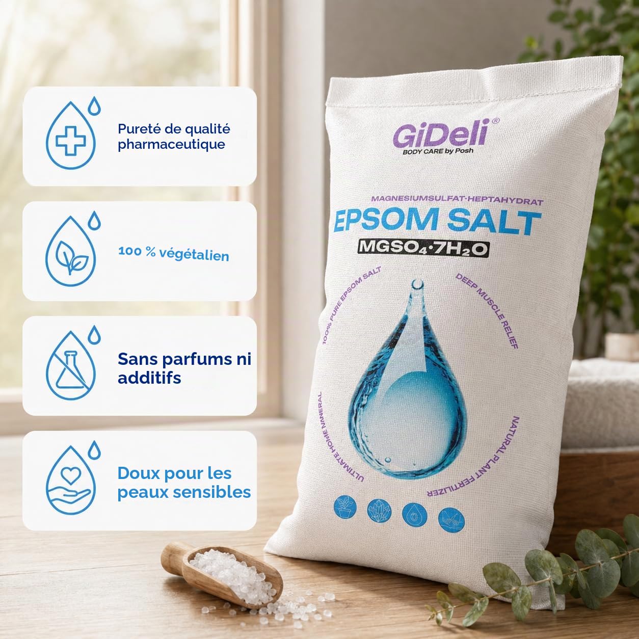 GiDeli Epsom Sel de bain Sel d'Epsom Sel d'Epsom Sel de magnésium pur heptahydraté Qualité pharmaceutique (25 kg)