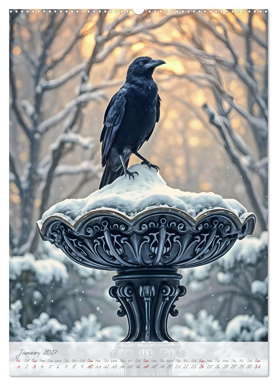 Nocturnal wings - A mystic raven companion for the year (High Quality Premium Wall Calendar 2027 DIN A2 portrait),CALVENDO 12 Month Wall Calendar: A mystical raven calendar