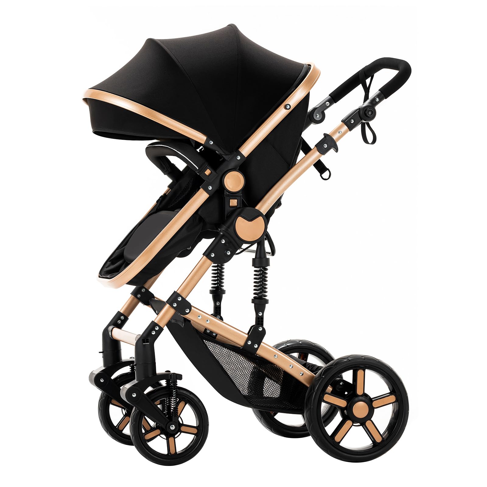 Kinderwagen 3 in 1 Set mit Umkehrbarem Zwei-Wege-Schub, Faltbar, Aluminiumlegierung Rahmen, Baby Kleinkind Neugeborene (black gold)