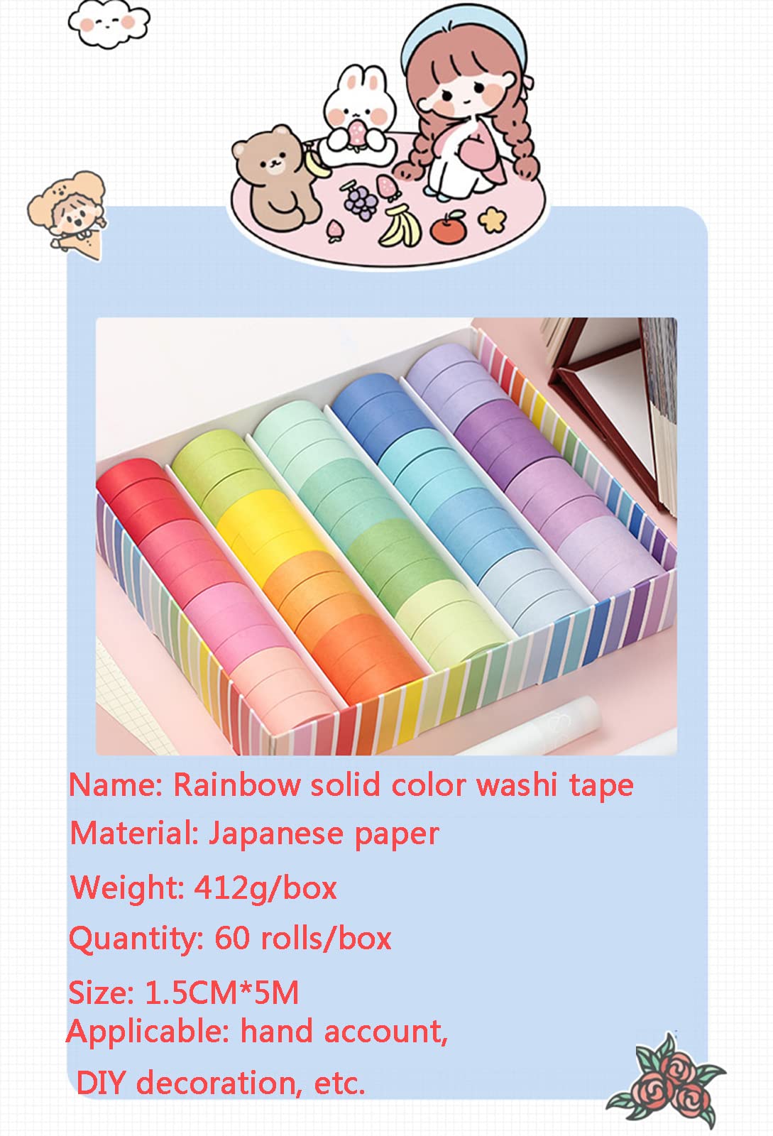 60 rolek taśma maskująca Washi zestaw o szerokości 15 mm, kolory Macaron ozdobne taśmy rzemieślnicze, do przyborów szkolnych DIY, pakowanie prezentów, czasopisma pocisków