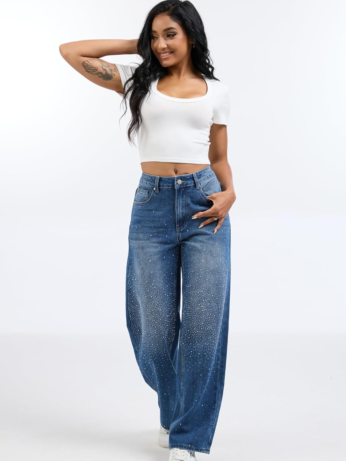 Rhinestone Straight Leg Jeans for Women Teen Girls Bling Loose Fit Denim Pants for Party Music Festival - Image 6