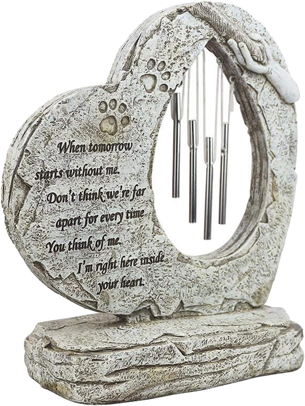 Heart Shaped Pet Memorial Stone, Paw Print Dog Pet Grave Marker with Wind Chime Outdoor Pet Memorial Stone Cat or Dog Headstone Gravestone Grave Marker Loss of Pet Gift