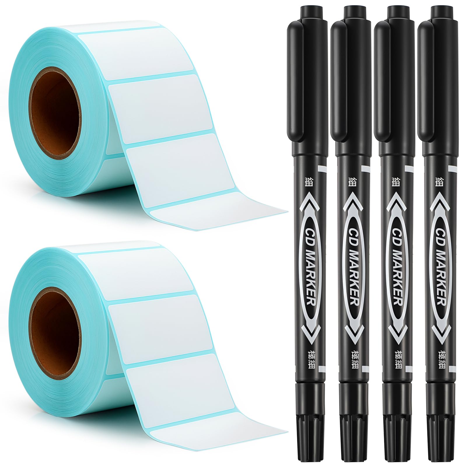 Candcamp 2000 Sticky Labels On a Roll 60mmx30mm White Self Adhesive Address Labels Stickers with 4 Marker Pen Multipurpose Stickers for Jars,Box,Bottle,Food,Barcode,Freezer